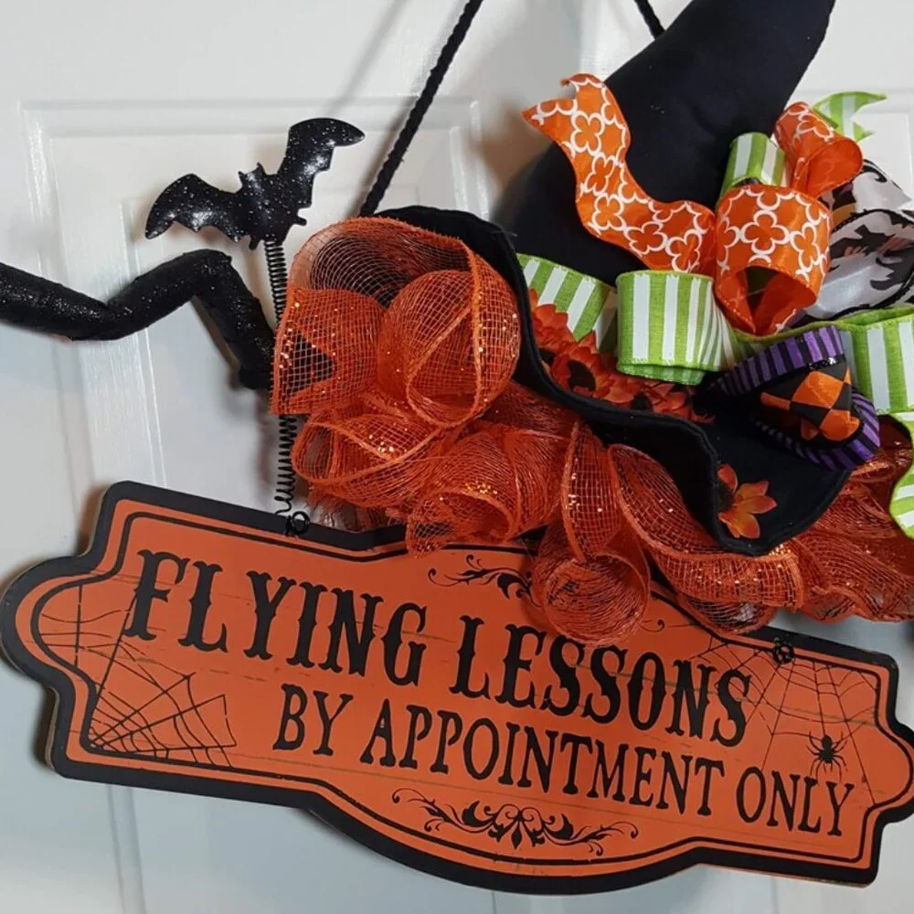 Witch's Flying Broom Stick Halloween Wreath, Flying Lesson Broom Wreath